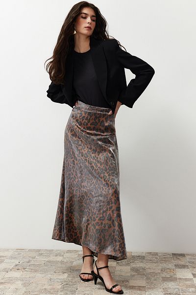 Trendyol Modest Barna leopárd mintás szatén szőtt szoknya TCTSS24EE00014