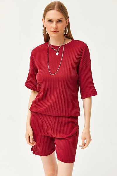 Olalook Burgunderrotes Damen-Set mit Unterteil, kurzer Strumpfhose, Oberteil und lockerer Bluse TKM-19000200