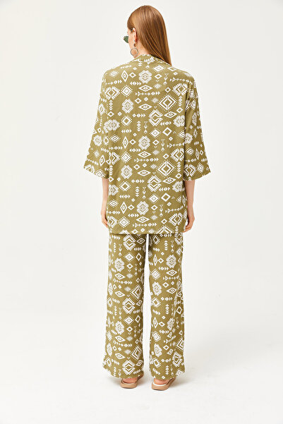 Olalook Női etnikai khaki felső kimonó alsó zsebes nadrág szett TKM-19000276