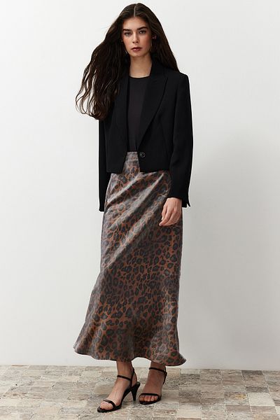 Trendyol Modest Barna leopárd mintás szatén szőtt szoknya TCTSS24EE00014