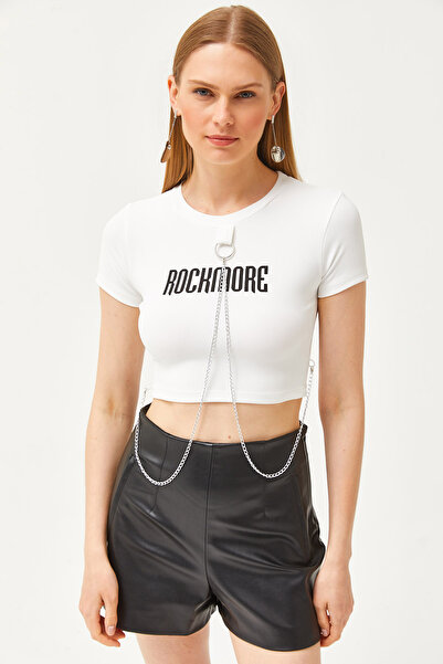 Olalook Bluză Crop Otomană Accesorie Albă Damă BLZ-19002603