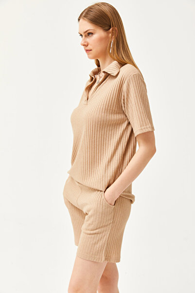 Olalook Kadın Taş Polo Yaka Üst Cepli Şort Fitilli Takım TKM-19000197