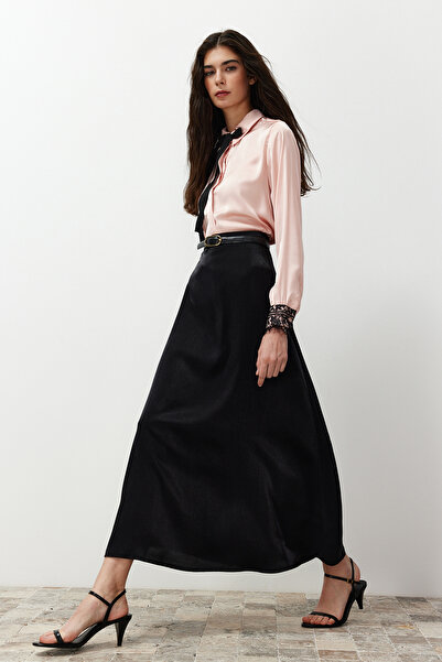 Trendyol Modest Fustă neagră din satin TCTSS24EE00017