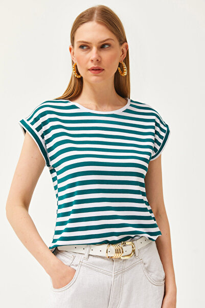 Olalook Γυναικείο μπλουζάκι βισκόζης νυχτερίδα σμαραγδί πράσινη ριγέ TSH-19000810