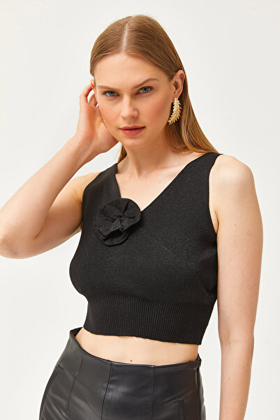 Olalook Women's Black Rose Detailed Double Breasted Crop Glitter Knitwear Blouse BLZ-19002606