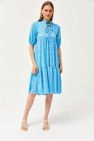 Olalook Rochie de damă albastră cu guler cu șireturi ELB-19002134