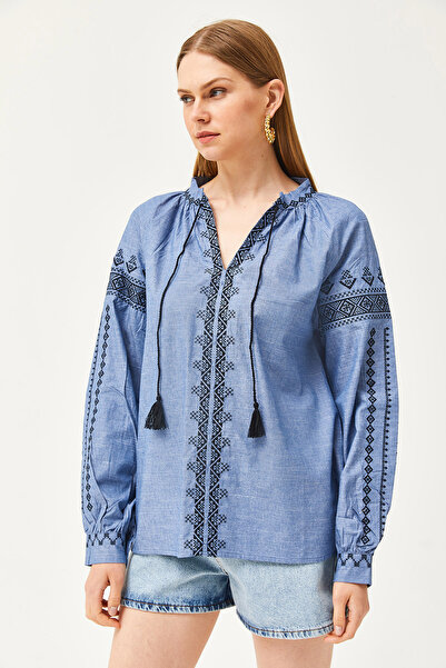 Olalook Women's Blue Lace-Up Embroidered Denim Look Loose Blouse BLZ-19002613