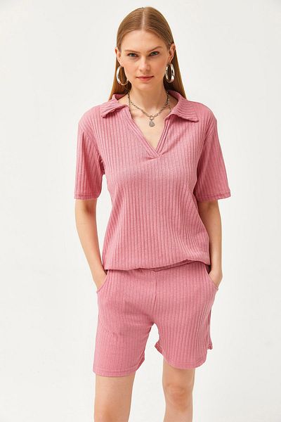 Olalook Női Dusty Rose Polo gallér felső zseb rövidnadrág bordás öltöny TKM-19000197