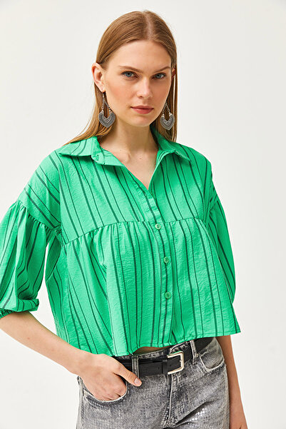 Olalook Γυναικείο πουκάμισο με πράσινο ριγέ έξι κομμάτια GML-19001198