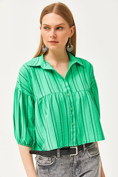 Olalook Γυναικείο πουκάμισο με πράσινο ριγέ έξι κομμάτια GML-19001198
