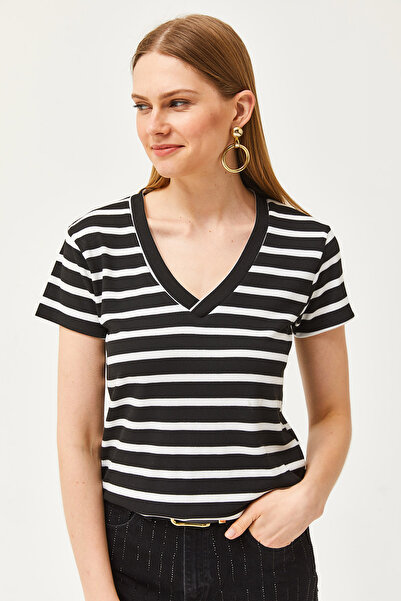 Olalook Schwarze Camisole-Bluse mit tiefem V-Ausschnitt und Streifen für Damen BLZ-19002616