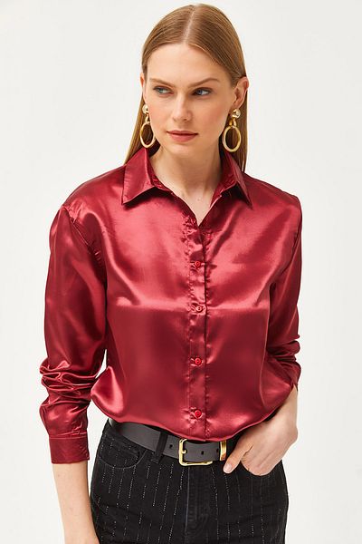 Olalook Cămașă țesută cu suprafață de satin strălucitor bordeaux GML - 19001195