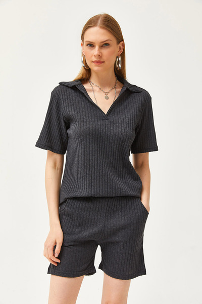 Olalook Women's Anthracite Polo Collar Top Pocket Shorts Ribbed Set TKM-19000197