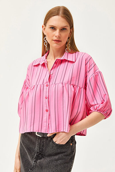Olalook Γυναικείο πουκάμισο με ροζ ριγέ έξι κομμάτια GML-19001198