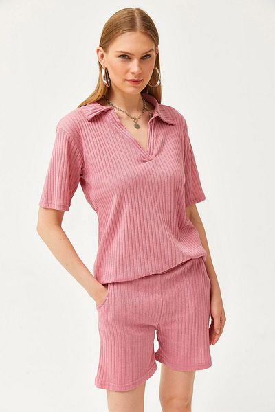 Olalook Női Dusty Rose Polo gallér felső zseb rövidnadrág bordás öltöny TKM-19000197