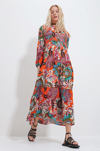 Trend Alaçatı Stili Women's Turquoise-Orange Chief Collar Shawl Patterned Maxi Length Dress ALC-X11593