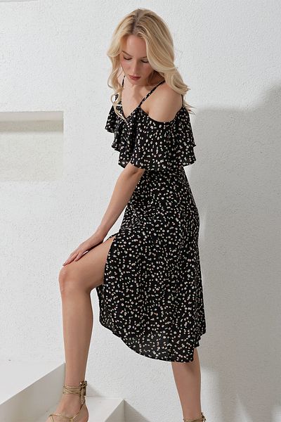 Trend Alaçatı Stili Women's Black Rope Strap Frilly Front Floral Patterned Woven Dress Alc-X11743