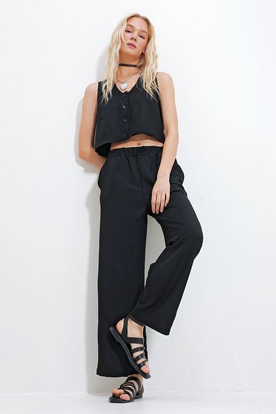 Trend Alaçatı Stili Women's Black V-Neck Button Detailed Blouse and Elastic Waist Palazzo Pants Bottom Top Set Alc-X11738