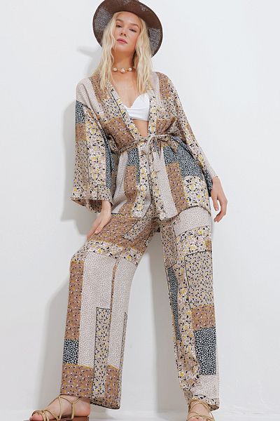 Trend Alaçatı Stili Set aus beige-schwarzer Kimono-Jacke und Palazzo-Hose für Damen ALC-X11594