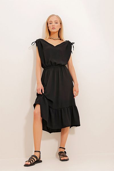 Trend Alaçatı Stili Women's Black V-Neck Skirt Flounce Elastic Waist Woven Dress Alc-X11744