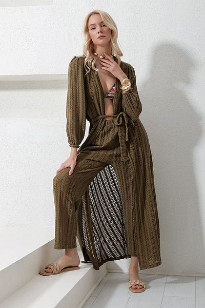 Trend Alaçatı Stili Women's Khaki Self-Textured Openwork Long Pants Kimono Set ALC-X11710