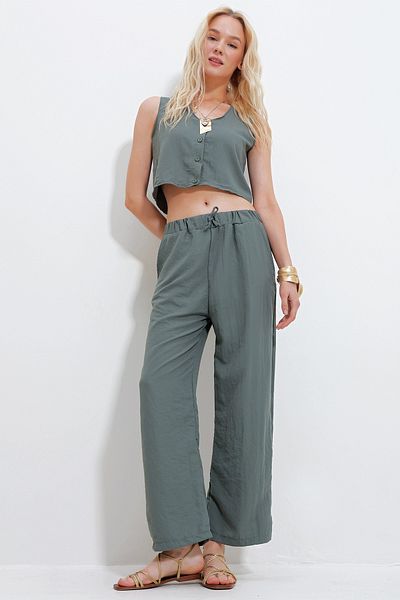 Trend Alaçatı Stili Women's Khaki V-Neck Button Detailed Blouse and Elastic Waist Palazzo Pants Bottom Top Set Alc-X11738