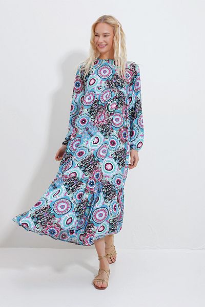 Trend Alaçatı Stili Rochie de damă, albastră, țesută Valon, cu gât crew, stratificat ALC-X11958