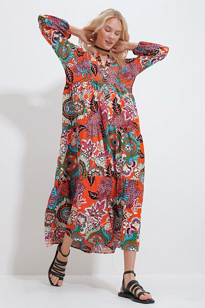 Trend Alaçatı Stili Women's Turquoise-Orange Chief Collar Shawl Patterned Maxi Length Dress ALC-X11593