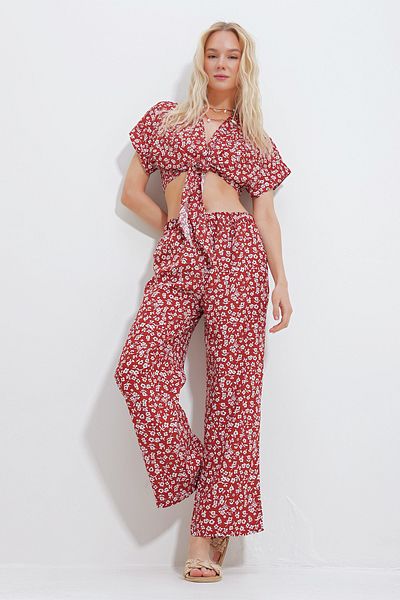 Trend Alaçatı Stili Women's Cinnamon Patterned Tied Crop Blouse and Pocket Trousers Bottom Top Woven Set Alc-X11745