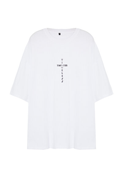 Trendyol Collection Μπλουζάκι μεγάλου μεγέθους Λευκό Oversize Casual με στάμπα 100% βαμβάκι TMNSS24BF00022