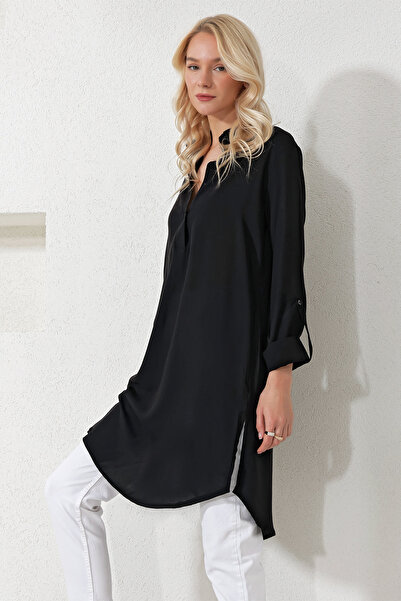 Trend Alaçatı Stili Dámská černá tunika s límečkem s dlouhým tkaným límečkem ALC-X11827