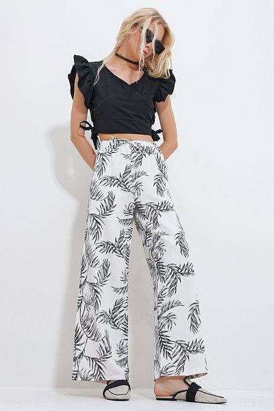 Trend Alaçatı Stili Schwarze Palazzo-Hose aus Leinen mit Blumenmuster für Damen ALC-X11861