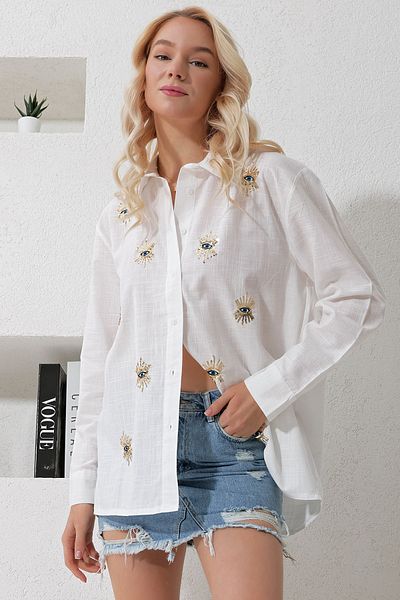 Trend Alaçatı Stili Women's White Flamed Linen Embroidered Oversize Shirt ALC-X11924