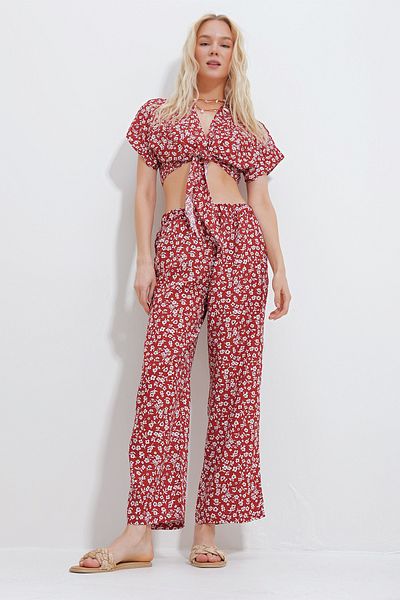 Trend Alaçatı Stili Women's Cinnamon Patterned Tied Crop Blouse and Pocket Trousers Bottom Top Woven Set Alc-X11745