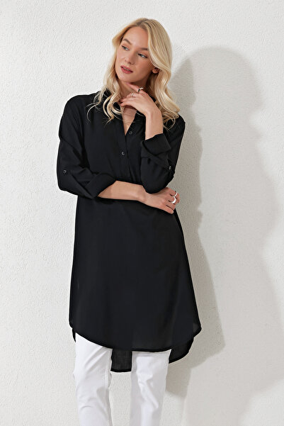 Trend Alaçatı Stili Dámská černá tunika s límečkem s dlouhým tkaným límečkem ALC-X11827