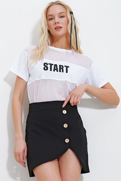 Trend Alaçatı Stili Tricou cu detaliu din tul cu imprimeu, alb, cu decolteu rotund, pentru femei ALC-X11959