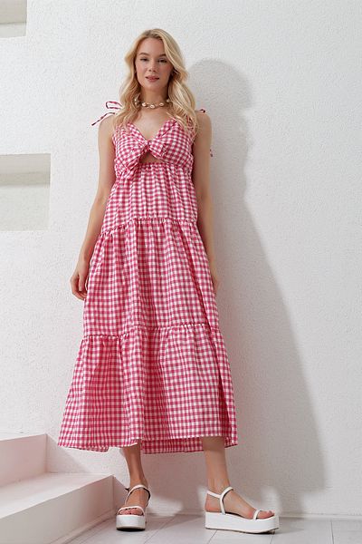 Trend Alaçatı Stili Women's Fuchsia Strappy Layered Flounced Front Lace Up Maxi Length Poplin Woven Dress ALC-X11939