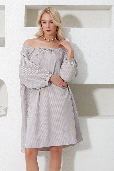 Trend Alaçatı Stili Women's Brown Wide Collar Striped Collar Tied Woven Dress Alc-X11712