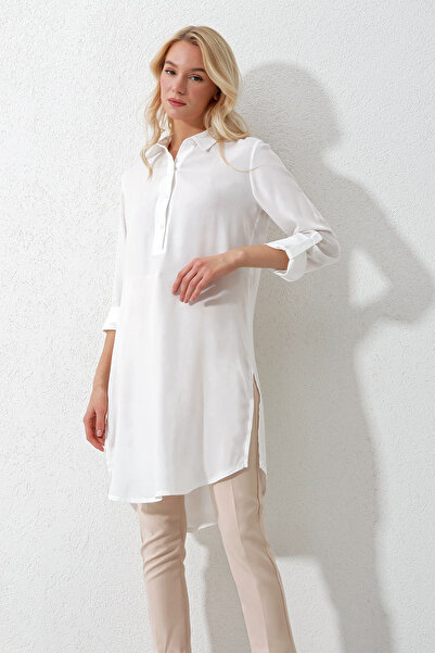 Trend Alaçatı Stili Women's Ecru Shirt Collar Half Placket Long Woven Tunic ALC-X11827