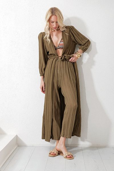 Trend Alaçatı Stili Women's Khaki Self-Textured Openwork Long Pants Kimono Set ALC-X11710