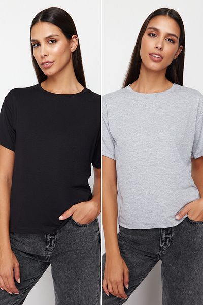 Trendyol Collection Černo-šedá 2-balení viskóza s krátkým rukávem, výstřihem, pleteným tričkem TWOSS24TS00264