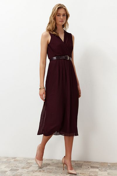 Trendyol Collection Belted Pleated Double Breasted Collar, Chiffon Lined Midi Dress