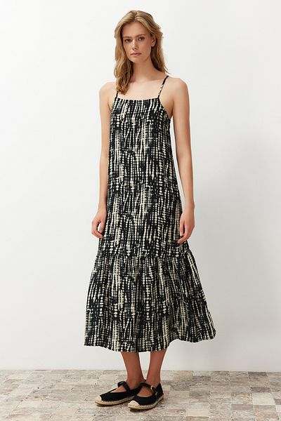 Trendyol Collection Černý geometrický vzor A-line viskózové maxi tkané šaty TWOSS24EL00690