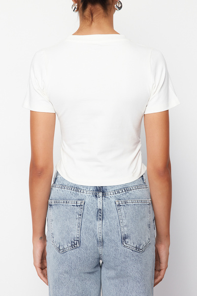 Edit by Trendyol White Butterfly Patterned Knitted Crop T-Shirt TEDSS24TS00029