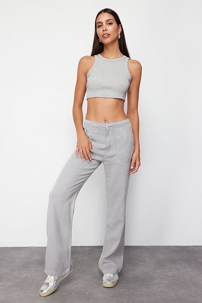 Trendyol Collection Grau 100 % Zinn ™   Jeans mit hoher Taille und weitem Bein – langlebig TWOSS24JE00204