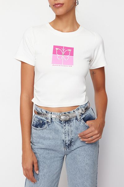 Edit by Trendyol White Butterfly Patterned Knitted Crop T-Shirt TEDSS24TS00029