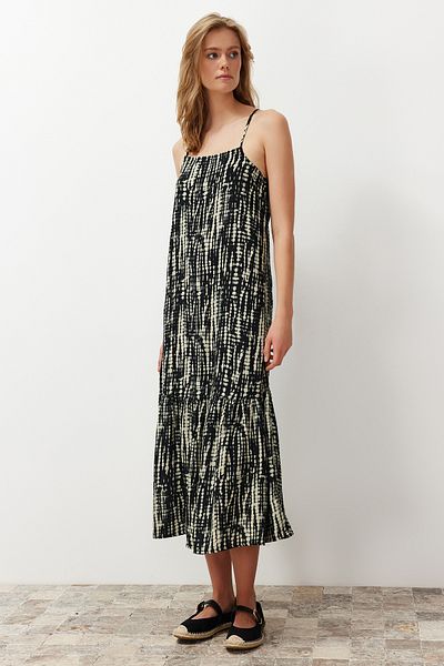 Trendyol Collection Černý geometrický vzor A-line viskózové maxi tkané šaty TWOSS24EL00690