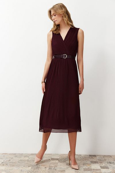 Trendyol Collection Belted Pleated Double Breasted Collar, Chiffon Lined Midi Dress