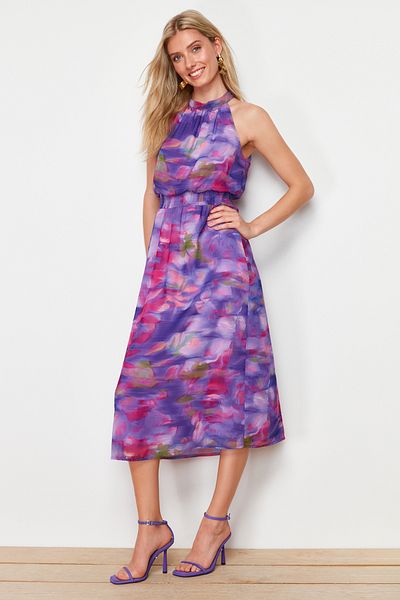 Trendyol Collection Μωβ φλοράλ τύπωμα Maxi υφαντό φόρεμα σε γραμμή Α με σιφόν TWOSS24EL00661