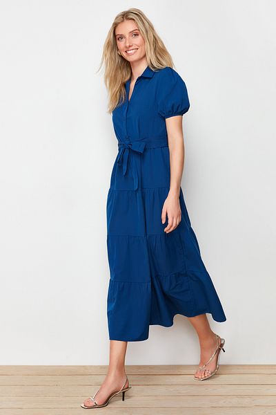 Trendyol Collection Široký indigový košilový límec Maxi tkané šaty TWOSS24EL00861
